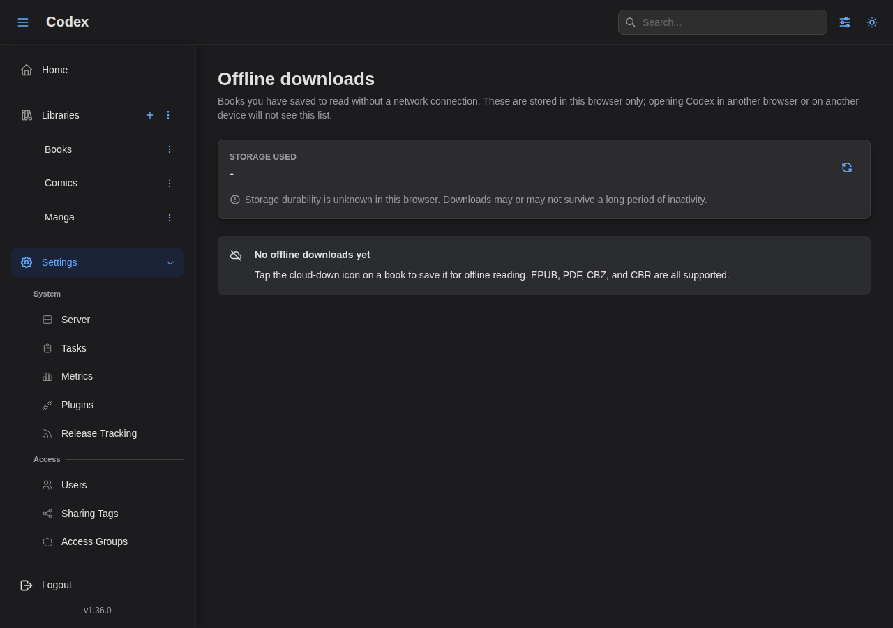 Offline downloads settings page with the storage meter and empty state