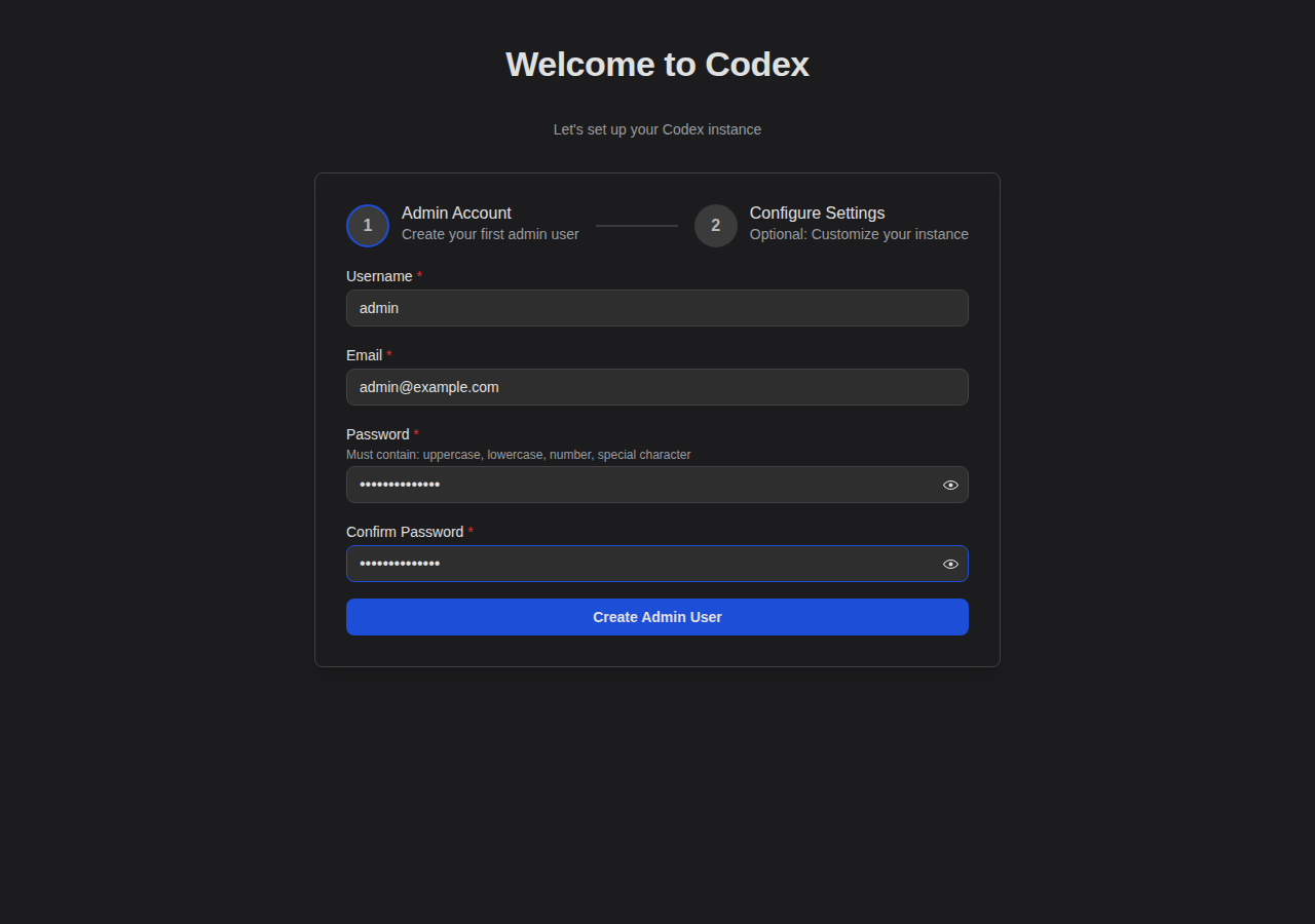 Setup Wizard - Create Admin Account